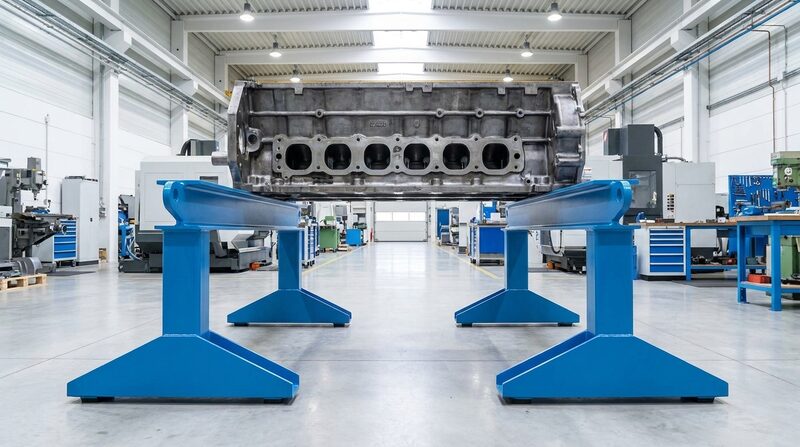 Heavy machine component supported by two AV TRB heavy-duty support trestles