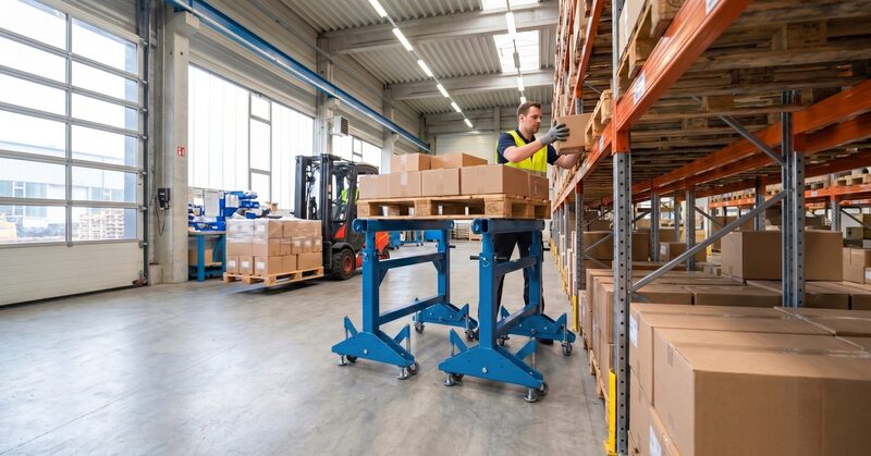 Pallet supported by two height-adjustable AV TRB HV heavy-duty support trestles for ergonomic packing
